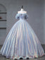 A-Line Off Shoulder Tulle Sequin Blue Purple Long Formal Prom Dress, Sequin Formal Dress