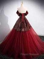 A-Line Off Shoulder Tulle Sequin Burgundy Long Formal Prom Dress, Burgundy Evening Dress