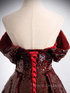 A-Line Off Shoulder Tulle Sequin Burgundy Long Formal Prom Dress, Burgundy Evening Dress