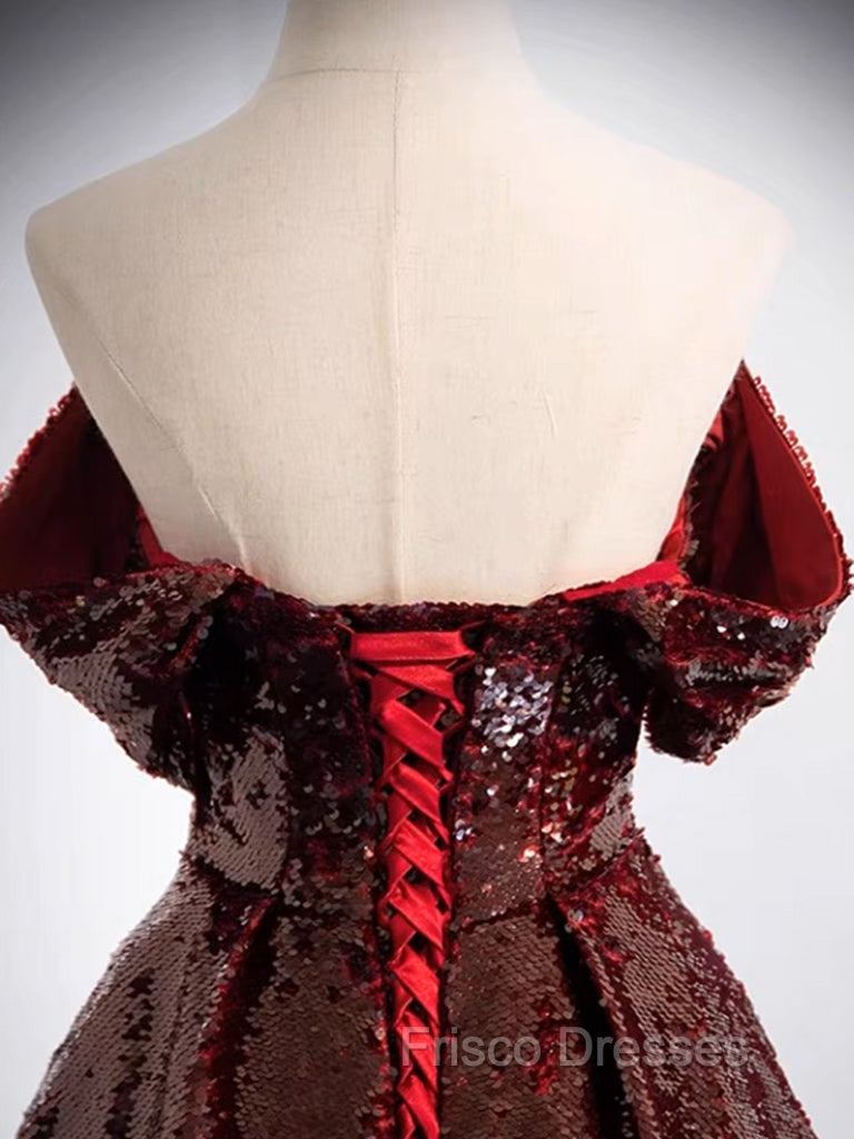A-Line Off Shoulder Tulle Sequin Burgundy Long Formal Prom Dress, Burgundy Evening Dress