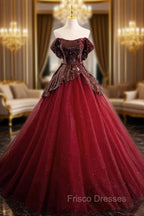A-Line Off Shoulder Tulle Sequin Burgundy Long Formal Prom Dress, Burgundy Evening Dress
