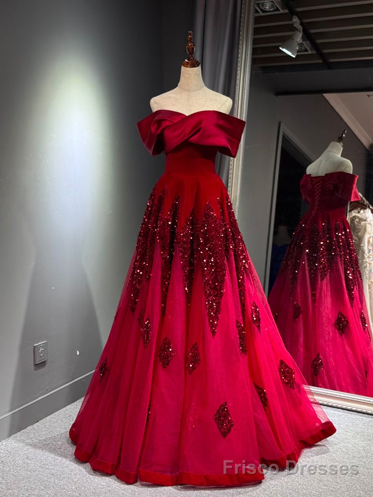 A-Line Off Shoulder Tulle Sequin Burgundy Long Prom Dress, Burgundy Formal Dress Main image