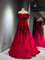 A-Line Off Shoulder Tulle Sequin Burgundy Long Prom Dress, Burgundy Formal Dress
