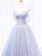 A-Line Off Shoulder Tulle Sequin Gray Long Formal Prom Dress, Gray Tulle Formal Dress