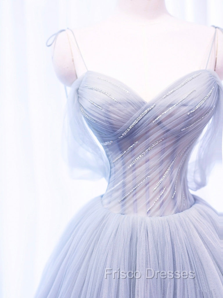 A-Line Off Shoulder Tulle Sequin Gray Long Formal Prom Dress, Gray Tulle Formal Dress