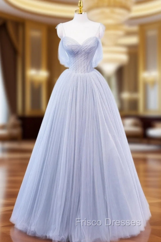 A-Line Off Shoulder Tulle Sequin Gray Long Formal Prom Dress, Gray Tulle Formal Dress