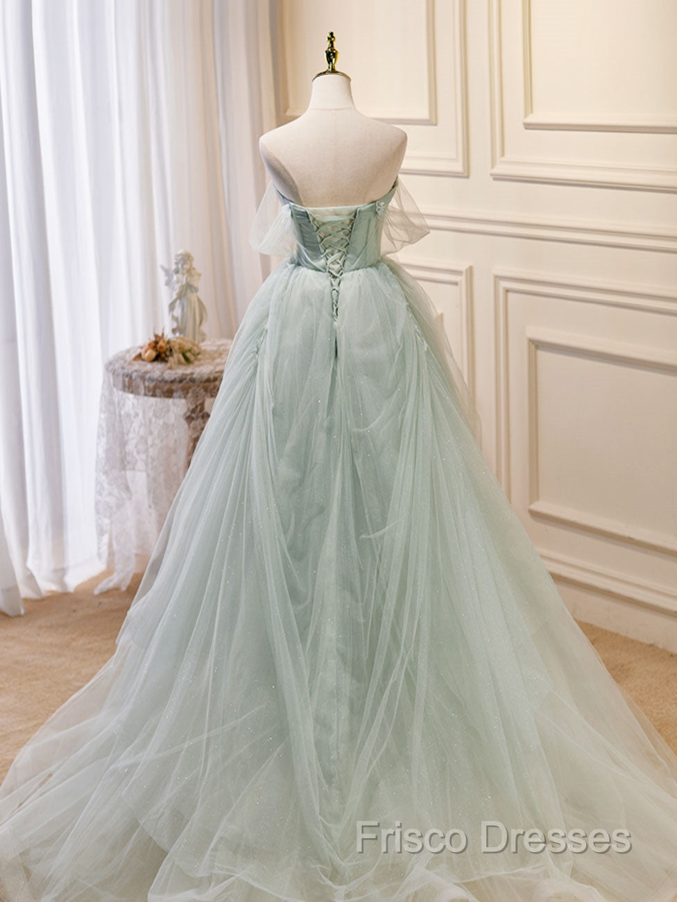 A-Line Off Shoulder Tulle Sequin Green Long Formal Prom Dress, Green Formal Dress