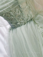 A-Line Off Shoulder Tulle Sequin Green Long Formal Prom Dress, Green Formal Dress