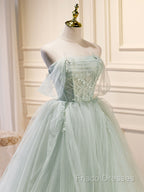 A-Line Off Shoulder Tulle Sequin Green Long Formal Prom Dress, Green Formal Dress