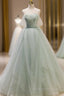 A-Line Off Shoulder Tulle Sequin Green Long Formal Prom Dress, Green Formal Dress