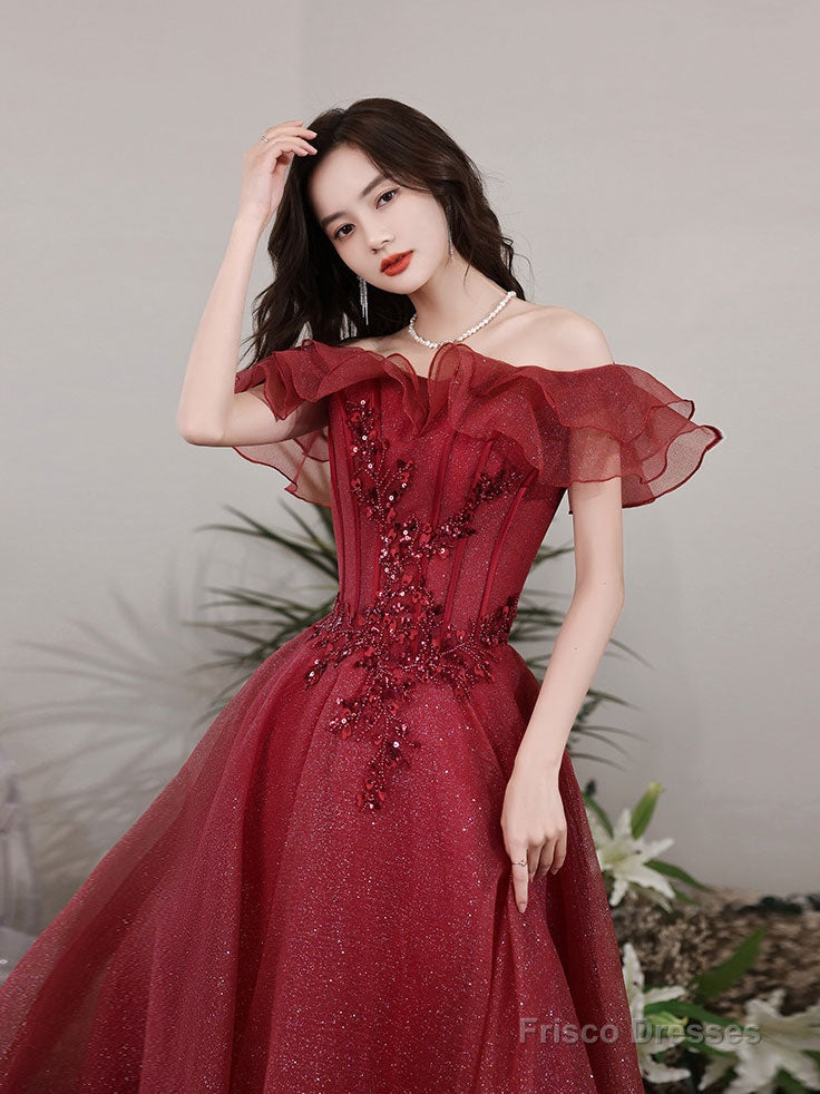 A-Line Off Shoulder Tulle Sequin Lace Burgundy Long Prom Dress, Burgundy Long Formal Dress Secondary image