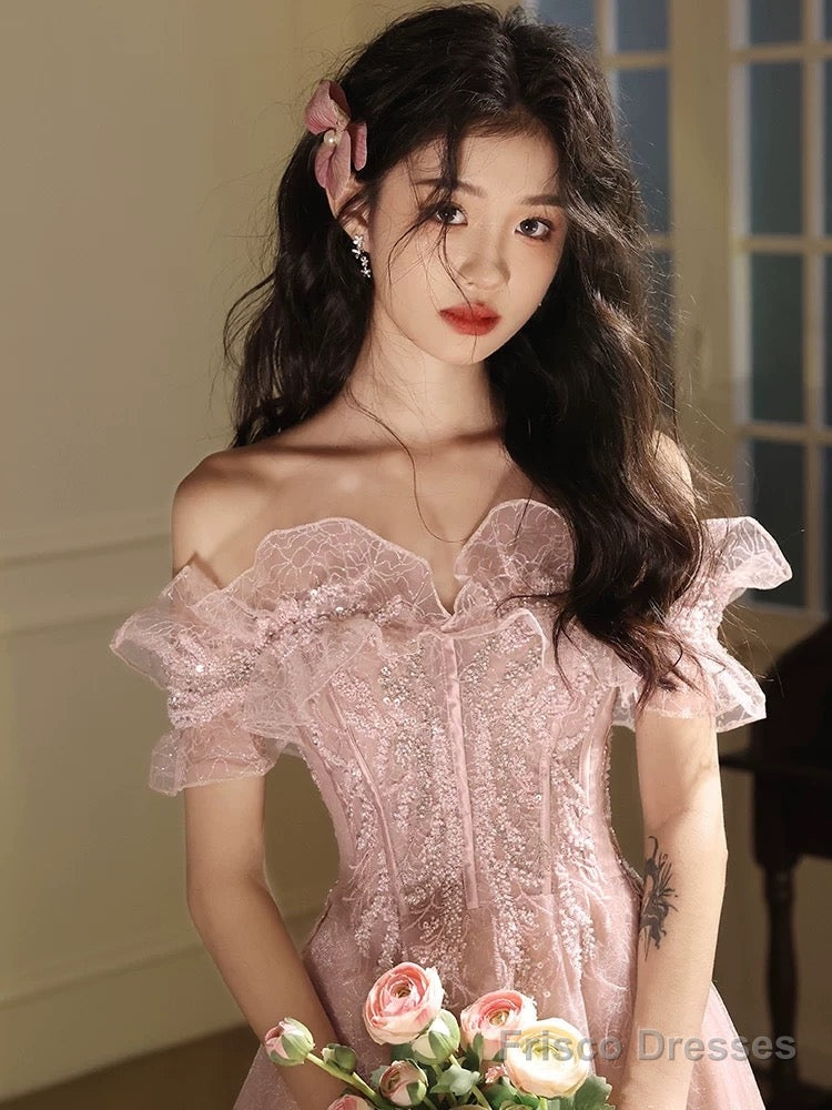 A-Line Off Shoulder Tulle Sequin Pink Long Prom Dress, Pink Long Formal Dress Secondary image