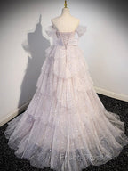 A-line Off Shoulder Tulle Sequin Light Pink Long Formal Prom Dress,Sequin Long Evening Dress