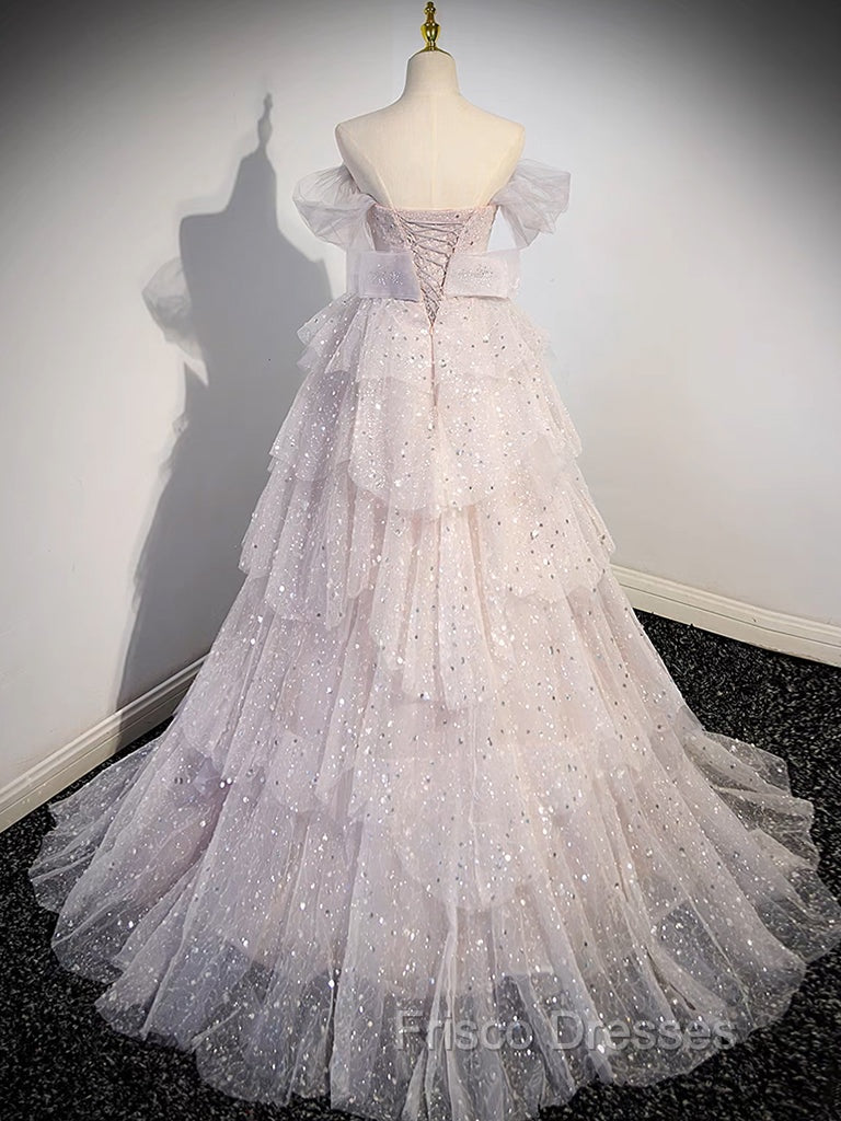A-line Off Shoulder Tulle Sequin Light Pink Long Formal Prom Dress,Sequin Long Evening Dress