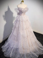 A-line Off Shoulder Tulle Sequin Light Pink Long Formal Prom Dress,Sequin Long Evening Dress