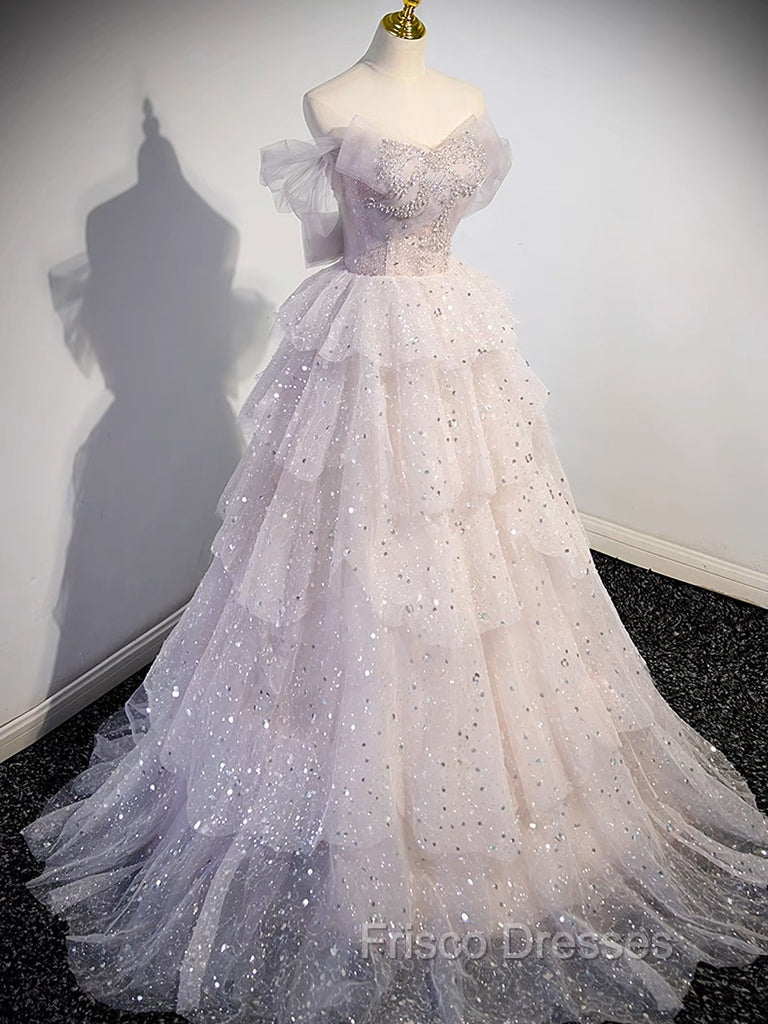 A-line Off Shoulder Tulle Sequin Light Pink Long Formal Prom Dress,Sequin Long Evening Dress