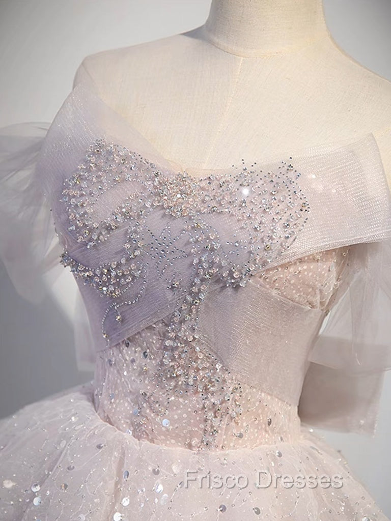A-line Off Shoulder Tulle Sequin Light Pink Long Formal Prom Dress,Sequin Long Evening Dress