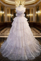 A-line Off Shoulder Tulle Sequin Light Pink Long Formal Prom Dress,Sequin Long Evening Dress