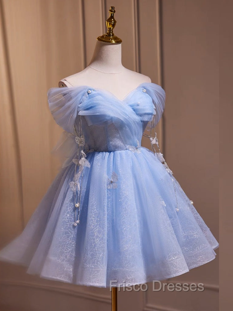 A-Line Off Shoulder Tulle Short Blue Formal Prom Dress, Cute Blue Homecoming Dress Secondary image
