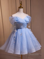 A-Line Off Shoulder Tulle Short Blue Formal Prom Dress, Cute Blue Homecoming Dress
