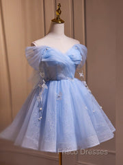 A-Line Off Shoulder Tulle Short Blue Formal Prom Dress, Cute Blue Homecoming Dress