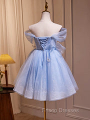 A-Line Off Shoulder Tulle Short Blue Formal Prom Dress, Cute Blue Homecoming Dress