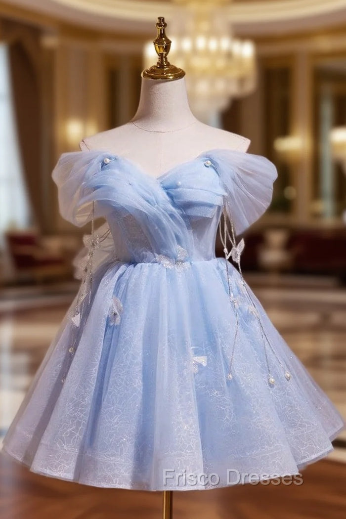 A-Line Off Shoulder Tulle Short Blue Formal Prom Dress, Cute Blue Homecoming Dress Main image