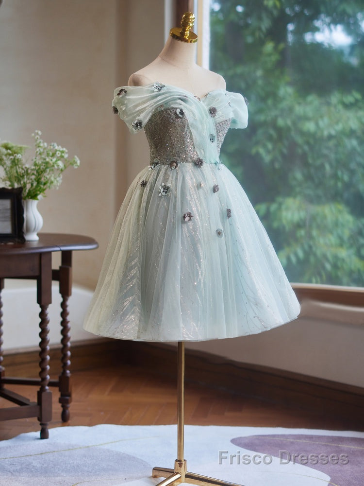 A-Line Off Shoulder Tulle Short Prom Dress, Green Homecoming Dress Secondary image
