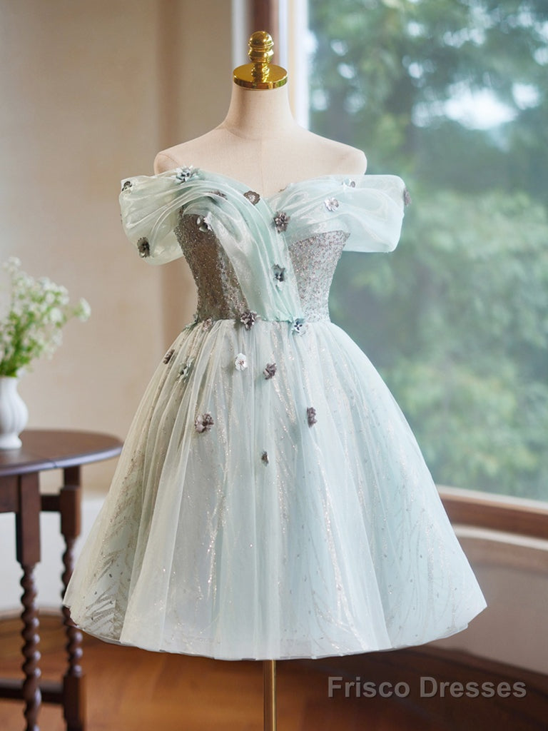 A-Line Off Shoulder Tulle Short Prom Dress, Green Homecoming Dress Main image