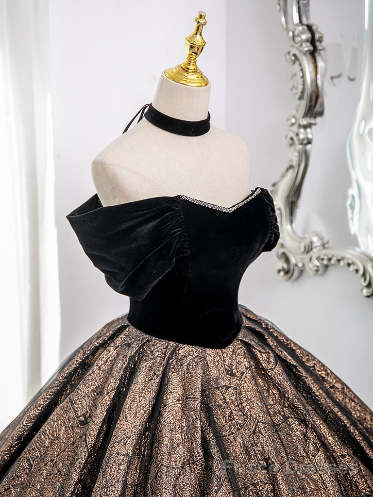 A-Line Off Shoulder Tulle Velvet Black Long Prom Dress, Black Long Formal Dress Secondary image