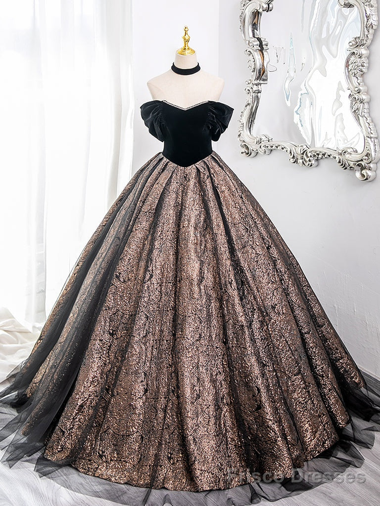 A-Line Off Shoulder Tulle Velvet Black Long Prom Dress, Black Long Formal Dress Main image