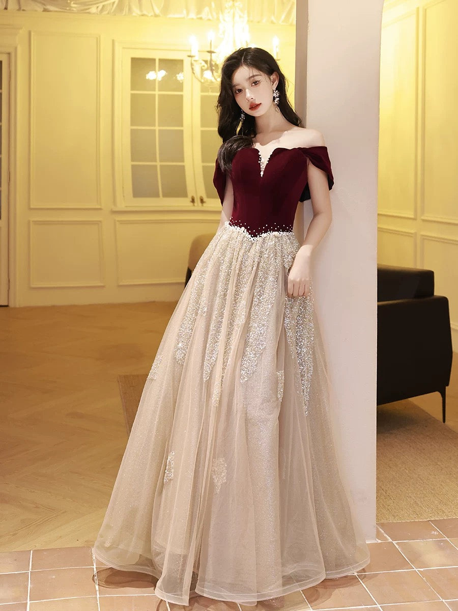 A-Line Off Shoulder Tulle Velvet Floor Length Champagne Prom Dress With Sequin Main image