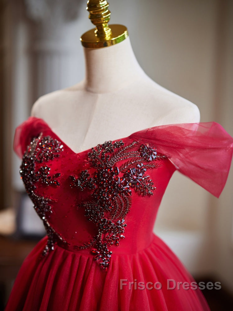 A-Line Off Shoulder V Neck Tulle Burgundy Short Formal Prom Dress With Beads Secondary image