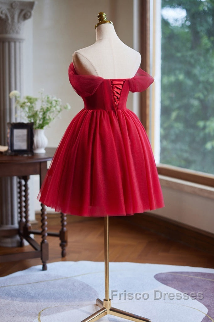 A-Line Off Shoulder V Neck Tulle Burgundy Short Formal Prom Dress With Beads