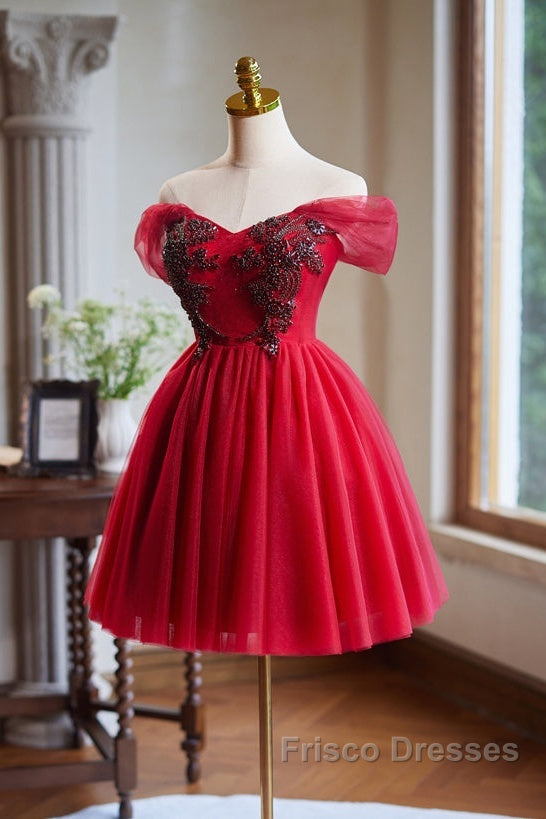 A-Line Off Shoulder V Neck Tulle Burgundy Short Formal Prom Dress With Beads