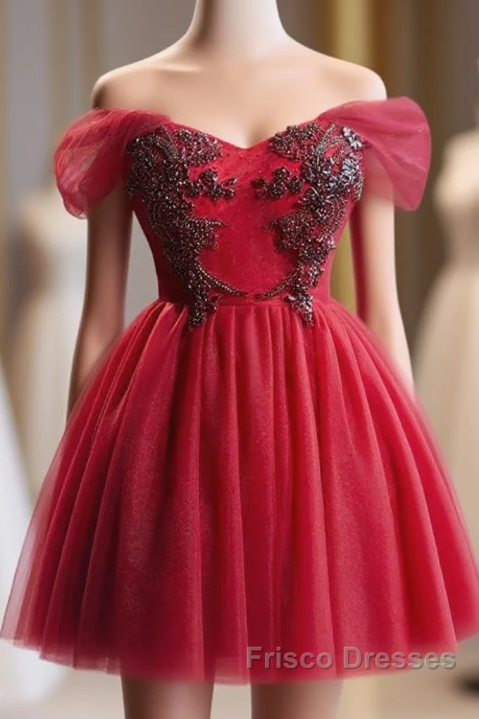 A-Line Off Shoulder V Neck Tulle Burgundy Short Formal Prom Dress With Beads Main image
