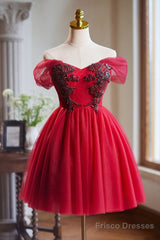 A-Line Off Shoulder V Neck Tulle Burgundy Short Prom Dress With Beads