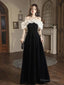 A-Line Off Shoulder Velvet Black Long Prom Dress, Black Long Evening Dress