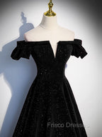 A-Line Off Shoulder Velvet Black Long Formal Prom Dress, Black Formal Evening Dress