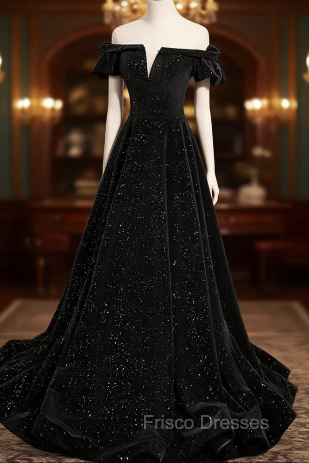 A-Line Off Shoulder Velvet Black Long Formal Prom Dress, Black Formal Evening Dress