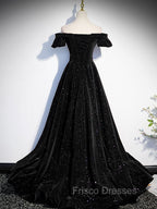 A-Line Off Shoulder Velvet Black Long Formal Prom Dress, Black Formal Evening Dress