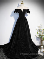A-Line Off Shoulder Velvet Black Long Formal Prom Dress, Black Formal Evening Dress