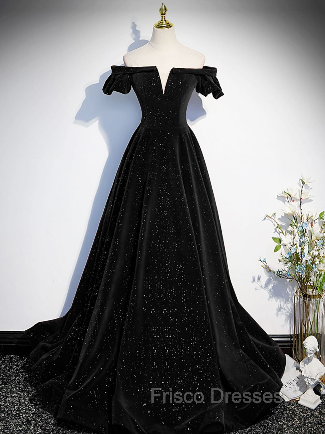 A-Line Off Shoulder Velvet Black Long Formal Prom Dress, Black Formal Evening Dress