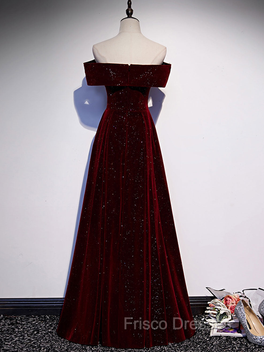 A-Line Off Shoulder Velvet Burgundy Long Formal Prom Dress, Burgundy Long Formal Dress Secondary image