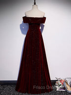 A-Line Off Shoulder Velvet Burgundy Long Formal Prom Dress, Burgundy Long Formal Dress