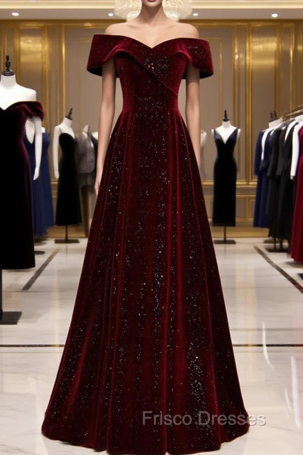 A-Line Off Shoulder Velvet Burgundy Long Formal Prom Dress, Burgundy Long Formal Dress