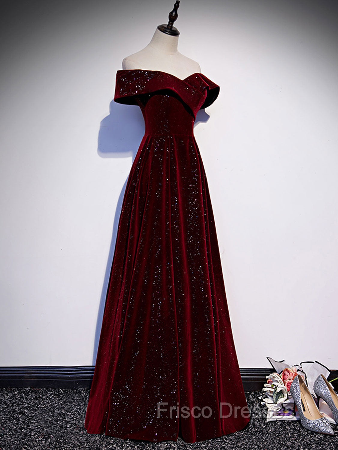 A-Line Off Shoulder Velvet Burgundy Long Formal Prom Dress, Burgundy Long Formal Dress