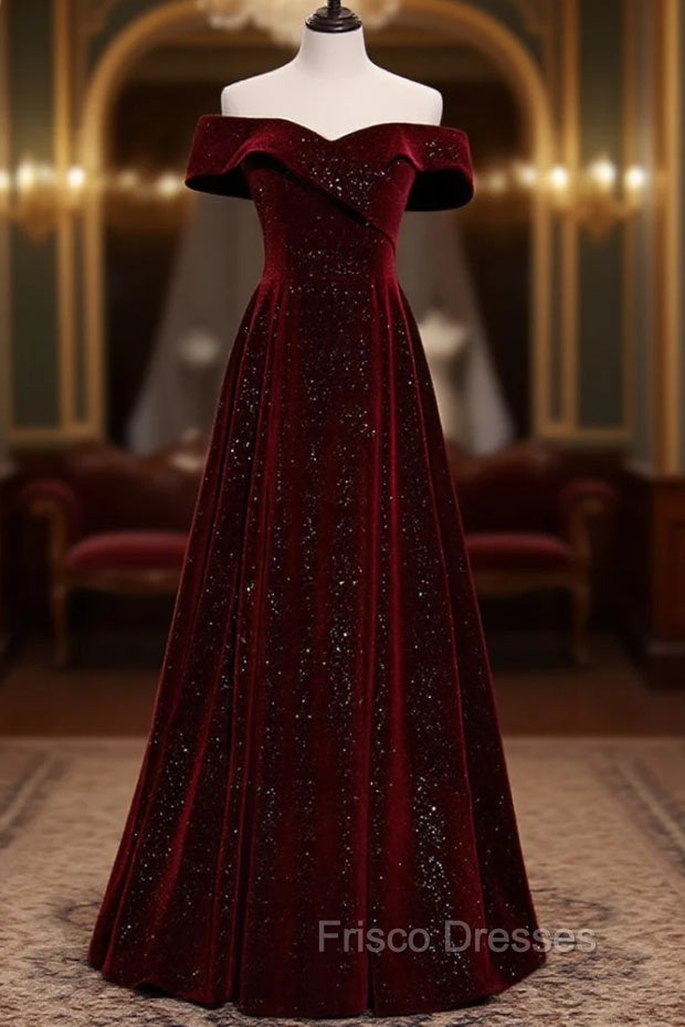 A-Line Off Shoulder Velvet Burgundy Long Formal Prom Dress, Burgundy Long Formal Dress Main image