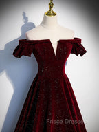 A-Line Off Shoulder Velvet Burgundy Short Formal Prom Dress, Burgundy Homecoming Dress