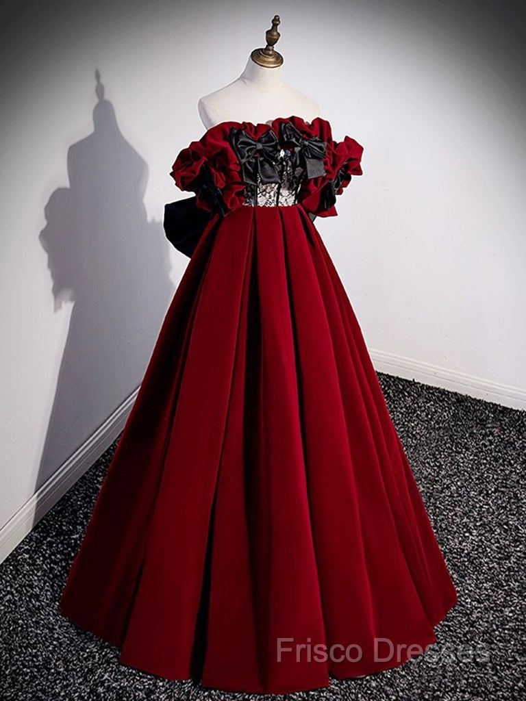 A-Line Off Shoulder Velvet Lace Burgundy Long Formal Prom Dress, Burgundy Long Formal Dress Secondary image